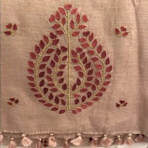 NWT-Beige Sheer Scarf with Rust & Gold Embroidery + Tassels